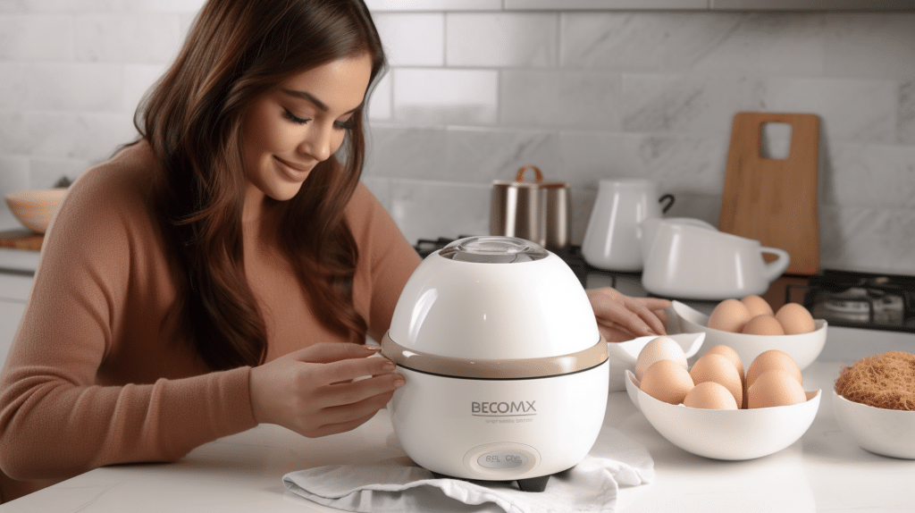 a lady testing an egg cooker