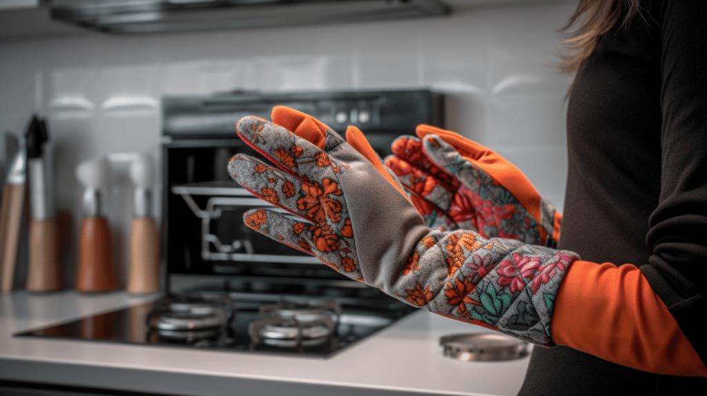 a woman testing out oven gloves in a kitchen